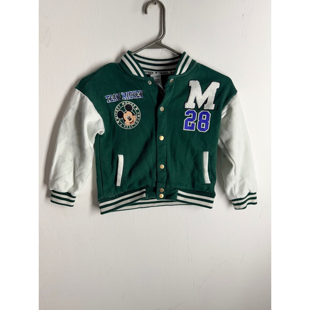 Disney Mickey Mouse Kids Varsity Jacket Green White Snap Front Coat 5T RYGJ400